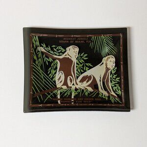 Vintage Monkey Jungle Glass Souvenir Dish Miami Florida Green Brown Chimp Zoo